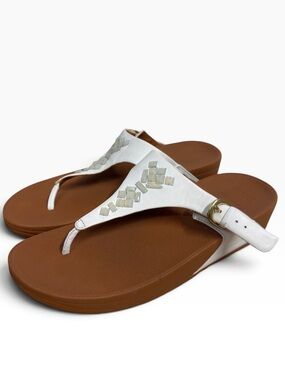 FitFlop Lulu Crystal Gem Buckle Thong Sandals White Leather Women’s US 10 UK 8